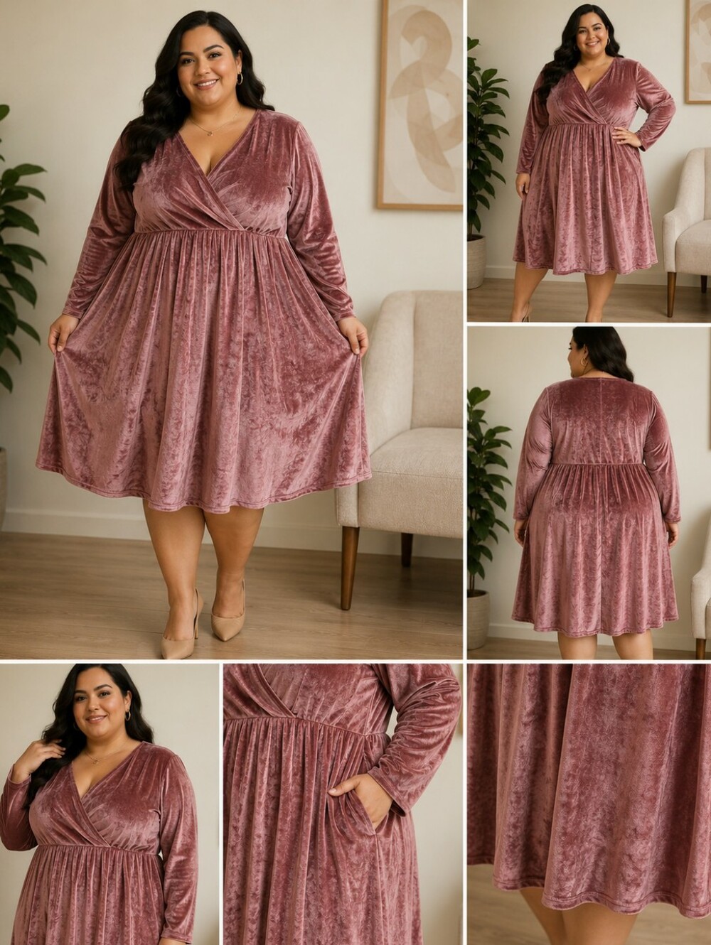 Plus-Size Velvet Long-Sleeve Wrap Dress - Dusty Rose